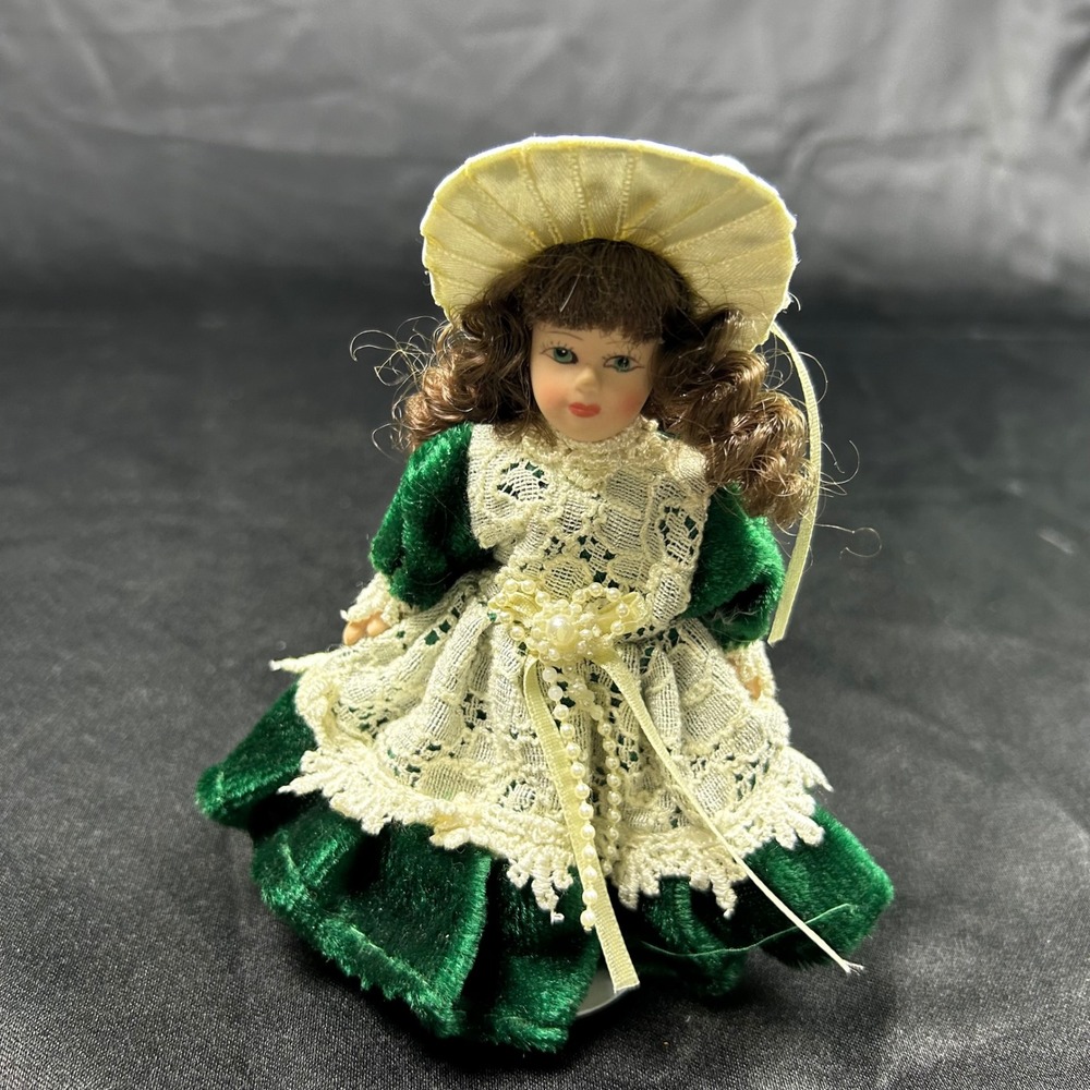 Vintage Miniature Porcelain Doll Emerald Green Velvet Lace Dress Bonnet 6 inch